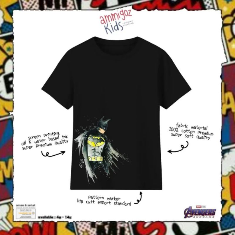 B189004 AMMIGOZ* ORIGINAL ABSTRACT COMIC SUPERHERO black Baju kaos anak laki-laki lengan pendek hita