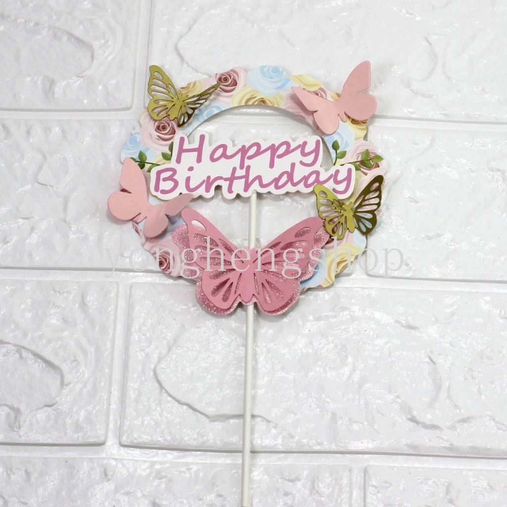 Topper Kue Desain Butterfly Happy Birthday 3D Untuk Dekorasi Pesta Pernikahan