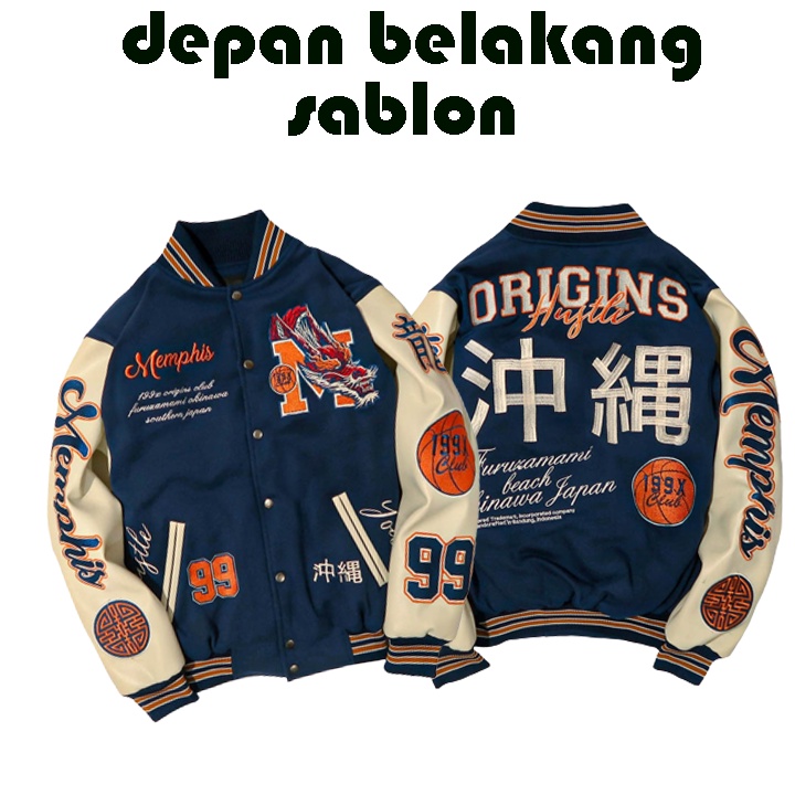 Jaket Varsity Baseball Japanese Culture / Varsity Jacket Baseball Vintage / Jaket Bomber Varsity Memphis / Jaket Varsity Baseball Kamikaze Jepang Pria Wanita Fullprint-NAVY TANGAN PUTIH