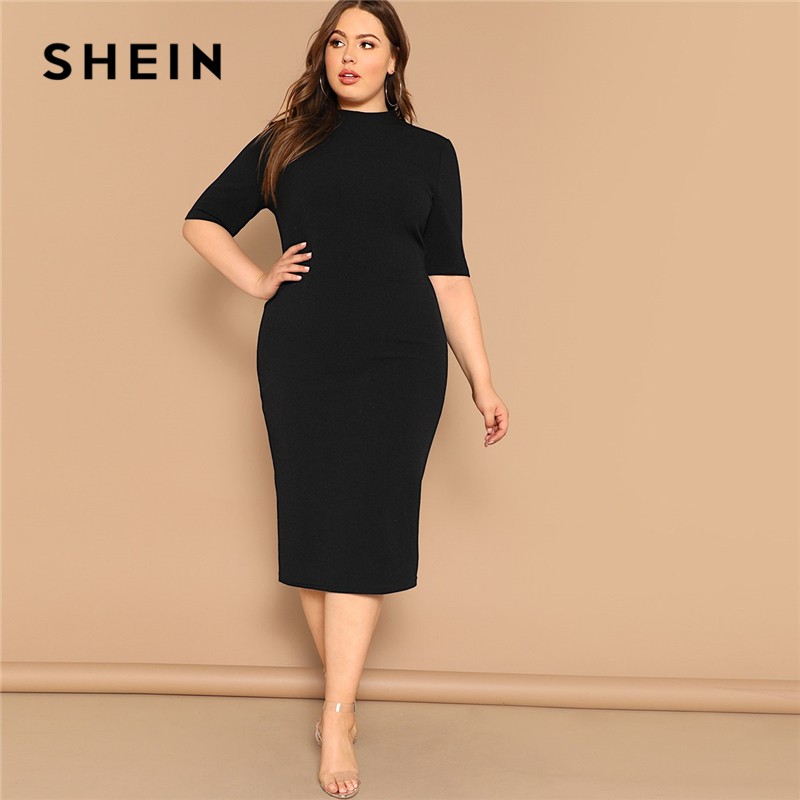 DISKON SHEIN Classy Black Plus Size Mock-neck Solid Pencil Slim Dress Women Spring Office Lady