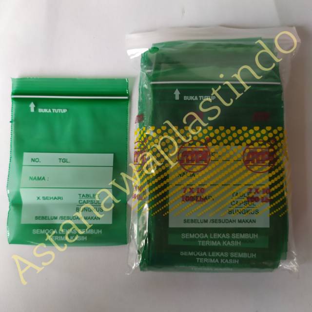 Plastik klip obat 7x10 100 pcs Hijau SMPI 7 x 10 cm sablon ziplock / zipper clip murah