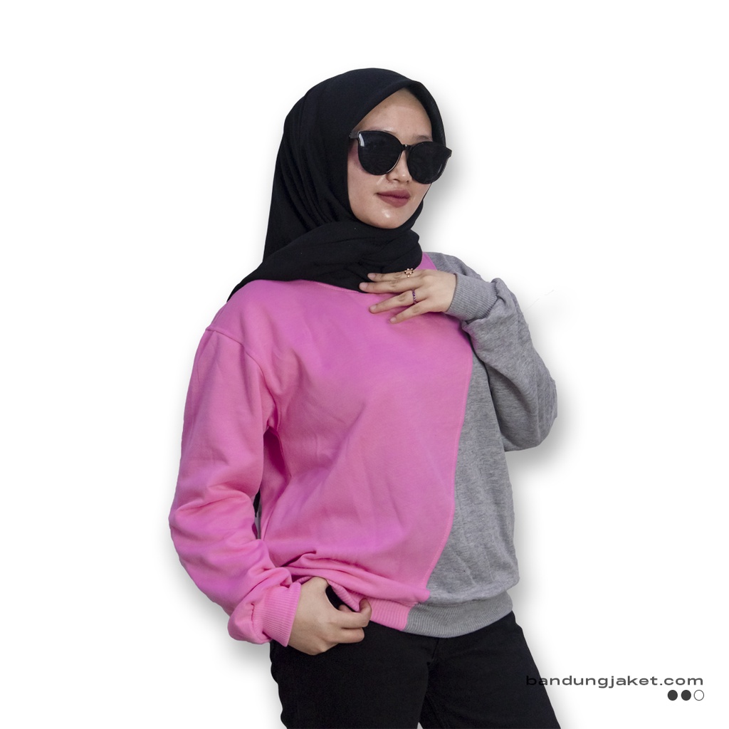 Slash Sweatshirt Kombinasi Pink-Abu || SWEATER  CRAWNECK BASIC WANITA FASHIONABLE