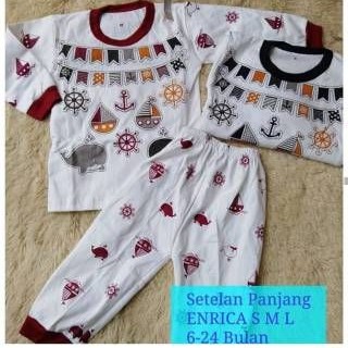 Enrica Setelan Baju Bayi Lengan &amp; Celana Panjang Bahan Kaos Adem Ukuran 0 S M L