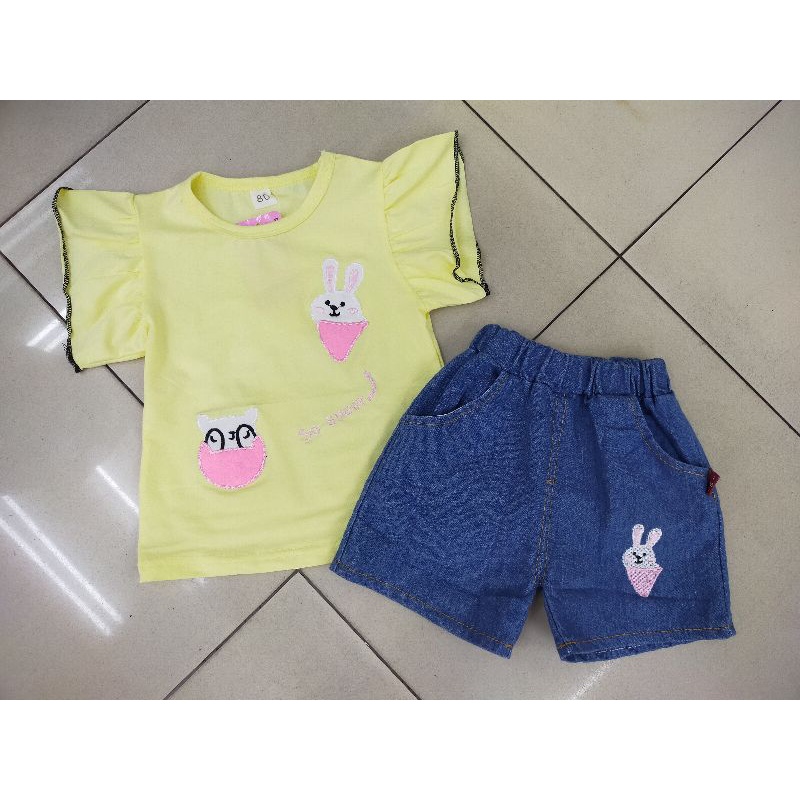 Set Kaos+Celana Jeans Import Anak Perempuan Motif Bunny