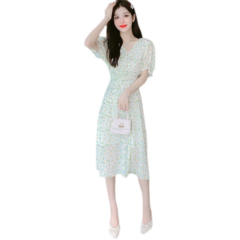 2022 New Fashion Korean Style Chiffon Green Floral Print Casual Party Midi Dress Summer Short Sleeve Women V-neck Dresses Wanita Putih 2023t