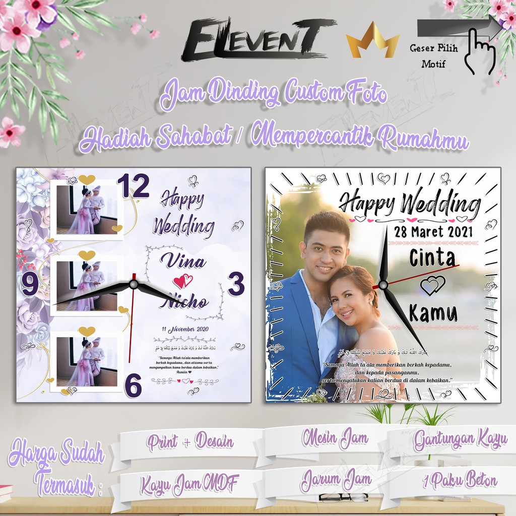 Hadiah Jam Dinding 20x20cm Custom Foto Unik Kado Wedding Ulang Tahun Wisuda Pernikahan Ultah  Pernikahan Ulang Tahun Ultah Panjangan Dinding walldecor rumah menarik Murah