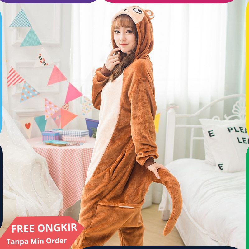 Dewasa Kigurumi Onesie Anime Wanita Kostum Monyet Coklat Halloween Cosplay Kartun Hewan Baju Tidur