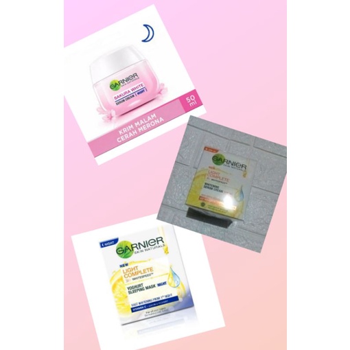 KRIM SIANG DAN MALAM GARNIER LIGHT COMPLETE  SERUM CREAM/YOGHURT SLEEPING MASK/SAKURA WHITE 50ML
