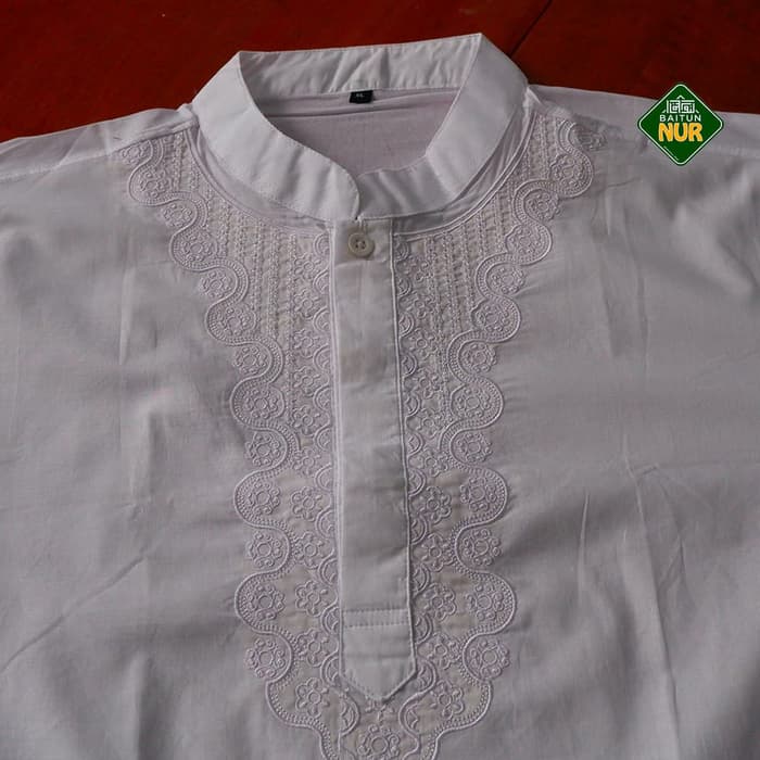 Hot Promo Baju Koko Putih Panjang Casual Long Gajah Duduk Bordir - S