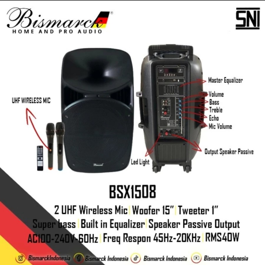 Speaker aktif portable bismarck 15 inch bsx1508 mic wireless bsx 1508