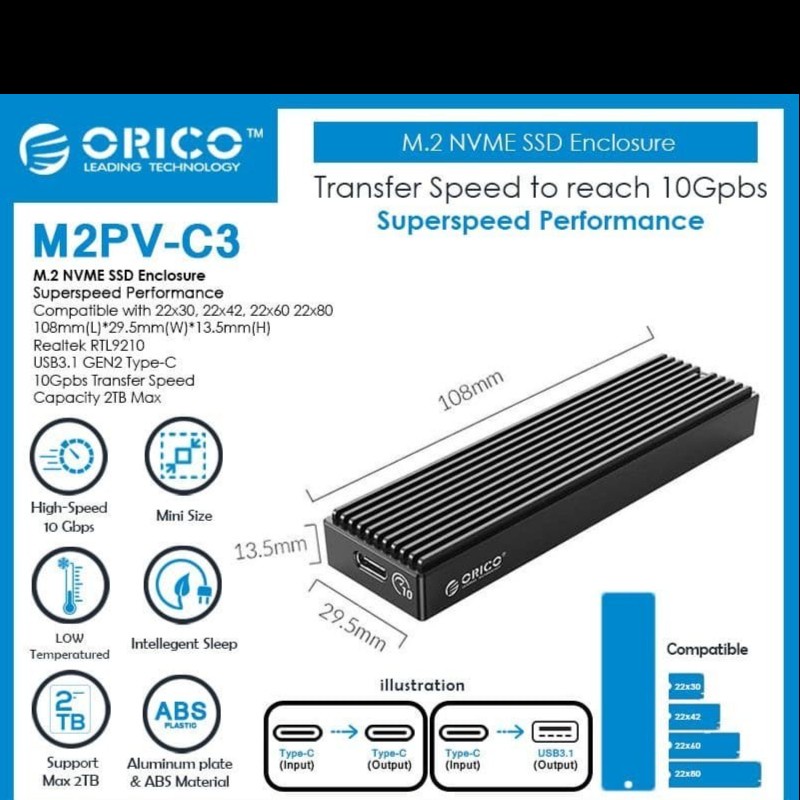 ORICO M2PV-C3 SSD Enclosure M.2 NVMe M2 PCIe USB 3.0 External Case