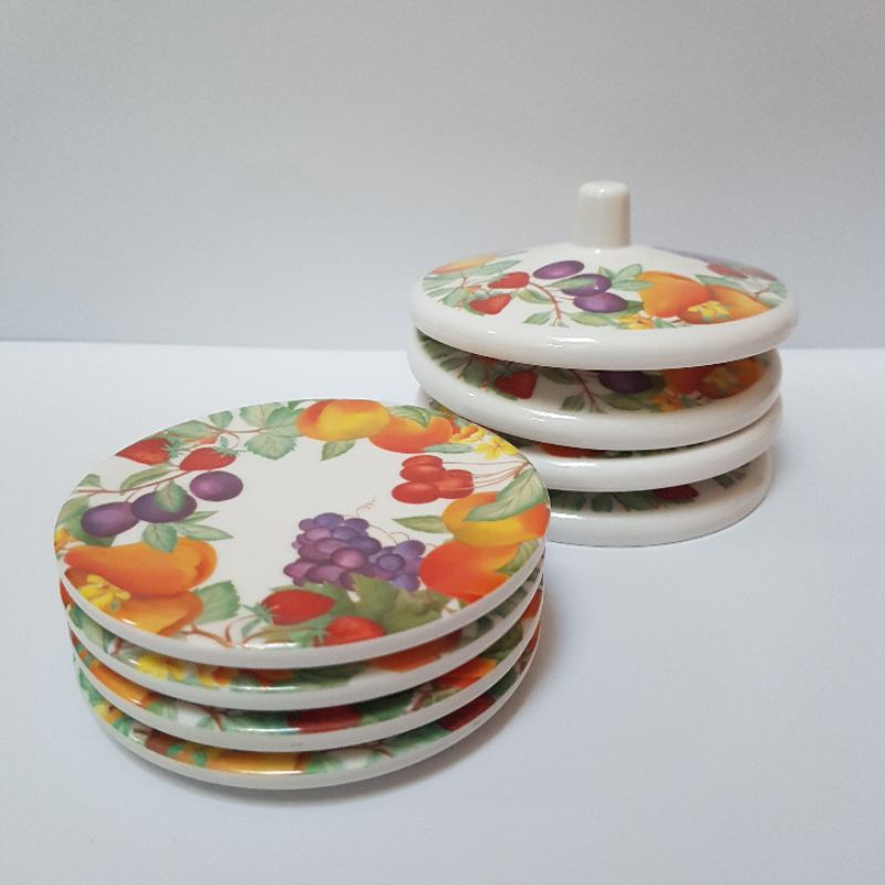 Tatakan + Tutup Gelas Set Onyx Melamin Motif Buah Buahan Detail Melamine Fruits