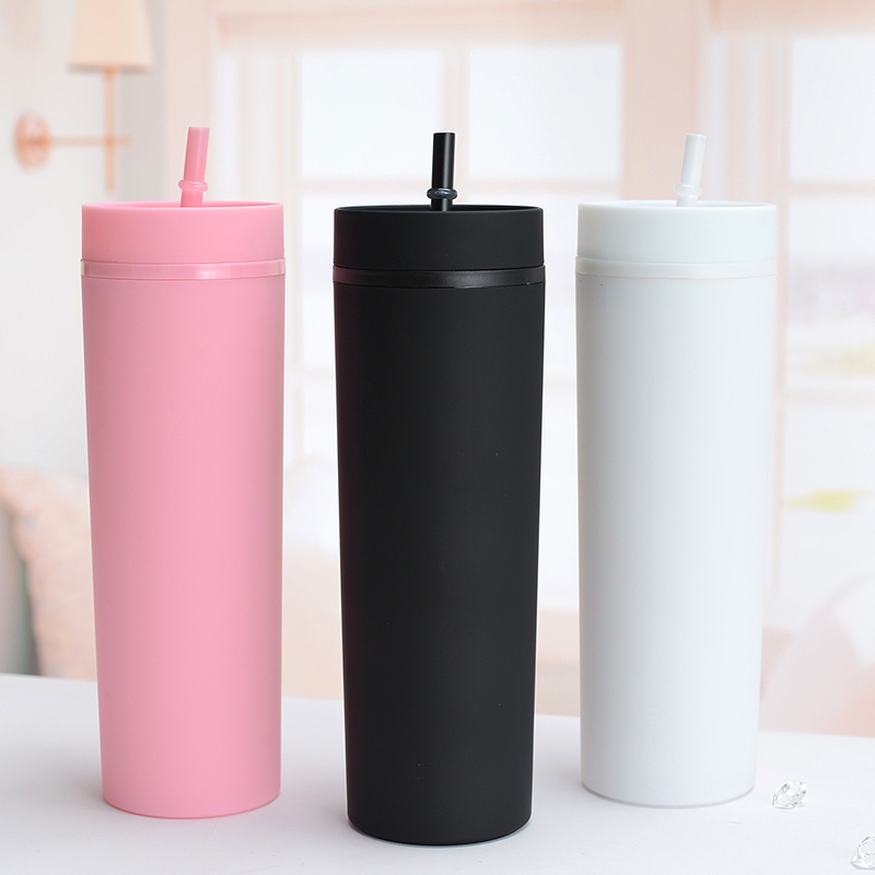 1pc Tumbler Dinding Ganda Bahan Plastik Ukuran 16oz Dengan Sedotan