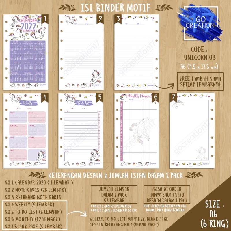 

Buku Planner isi Kertas Binder Motif Unicorn 03 Premium A6 ring 6
