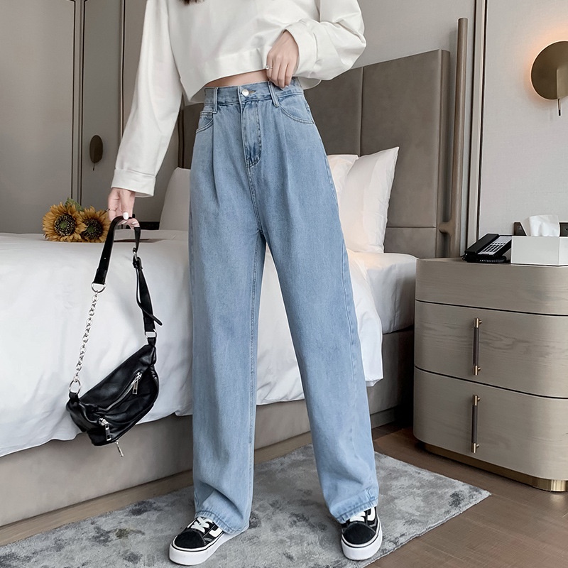 #Sisjuly# Wanita slim denim lebar kaki celana wanita celana longgar lurus menggantungkan celana lant