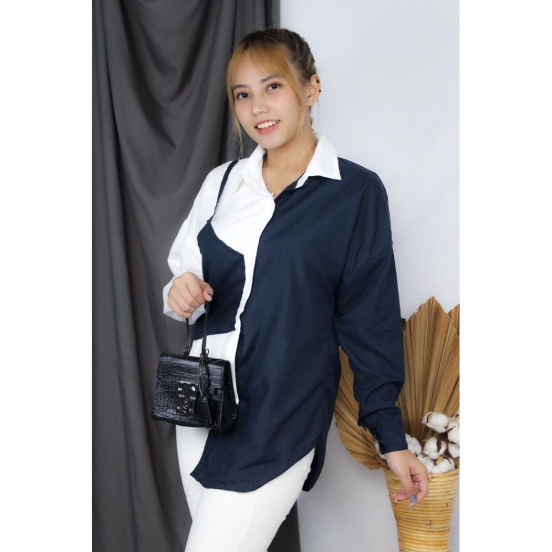 KEMEJA OVERSIZE WANITA  KEMEJA OSLIN CASUAL BLOUSE KOTAK KOTAK FLANEL WANITA BAHAN KATUN PREMIUM LENGAN PANJANG FULL KANCING KEKINIAN TERBARU KOREA KOREAN STYLE WANITA CEWEK TARTAN TWO TONE CROP TOP THRIFT  KEMEJA GUILEN LENGAN BALON SIZE L LD 90 Cm-Lucky putih navy