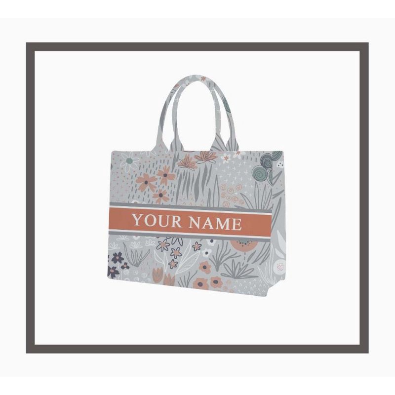Tas Custom Print Motif Bunga Oranye Warna Dasar Abu