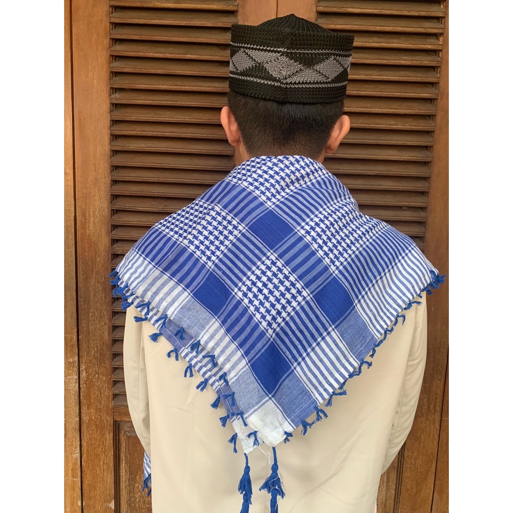 SORBAN MOTIF POLOS MOZAIK AMBANI CIAMIK SUPER PREMIUM PANJANG SAJADAH TASBIH PECI RAJUT QURAN DEWASA ANAK BAYI POLOS MOTIF HITAM PUTIH SOUVENIR NU KOPIAH ALAS HAJI UMROH-Biru