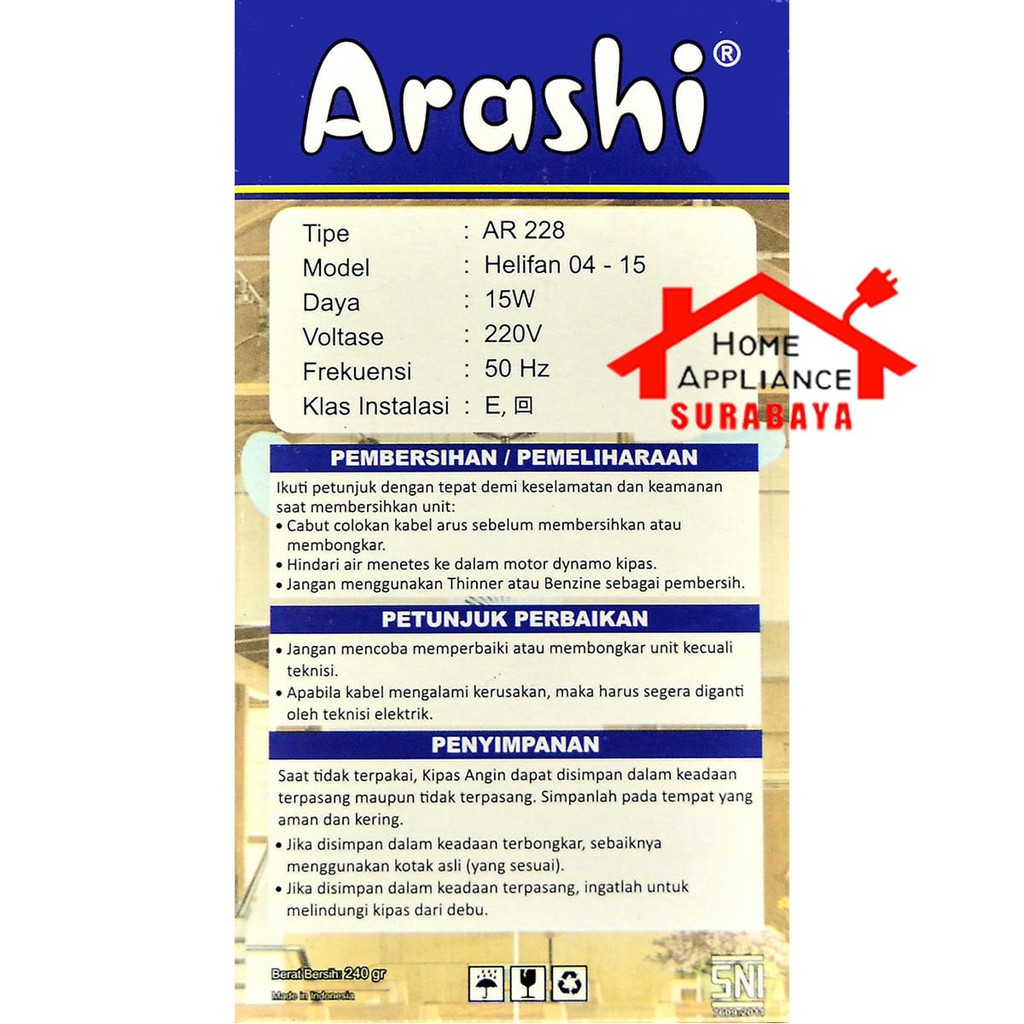 Kipas Angin Gantung 4 Baling Helifan Arashi 15W 15 Watt AR-228 AR 228