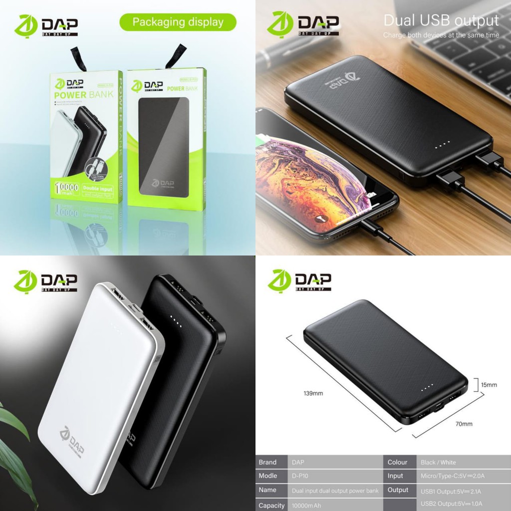 Power Bank DAP D-P10 10000mAh 2.1A Fast Charging 2 Output 2 Input Kabel Charger 2in1 Micro &amp; Type C