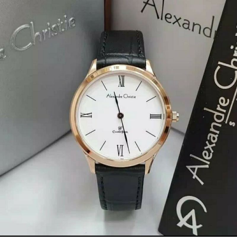 ORIGINAL JAM TANGAN WANITA ALEXANDRE CHRISTIE CEWEK ROSEGOLD BLACK KULIT ALEXANDER CRISTIE AC 8478