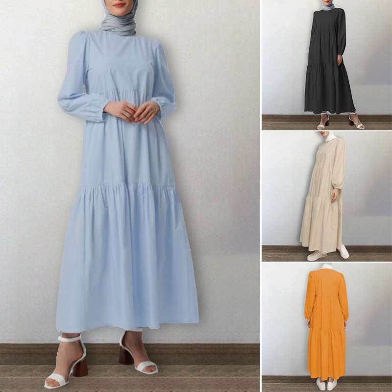 ZANZEA Women Solid Color Plus Size O Neck Retro Muslim Maxi Dress