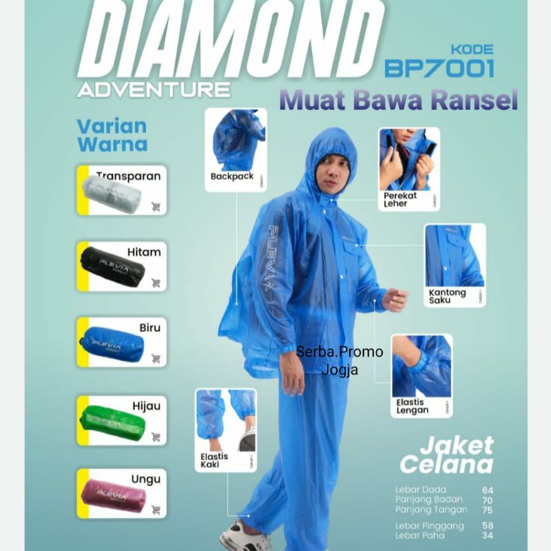 Jas Hujan Jaket Celana Backpack Diamond Transparan - Jas Hujan dengan Tempat Ransel - Mantel untuk bawa tas