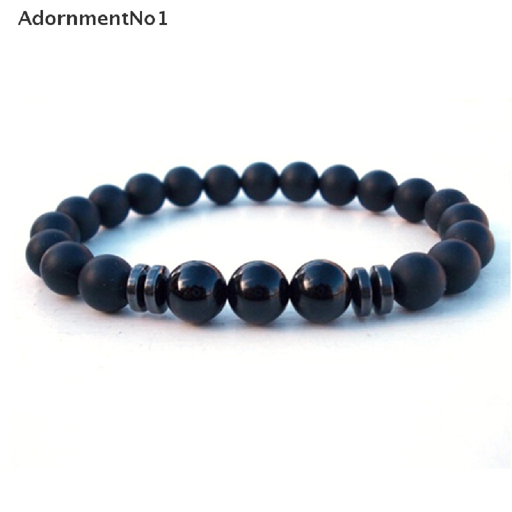 (AdornmentNo1) Gelang Tangan Manik-Manik Batu Agate Tourmaline Hitam Matte Elastis Untuk Pria / Yoga