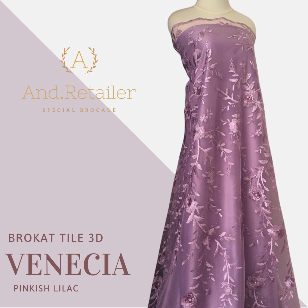 Bahan Kebaya Premium Brokat Tile 3D Bordir Venecia Warna Pinkish Lilac