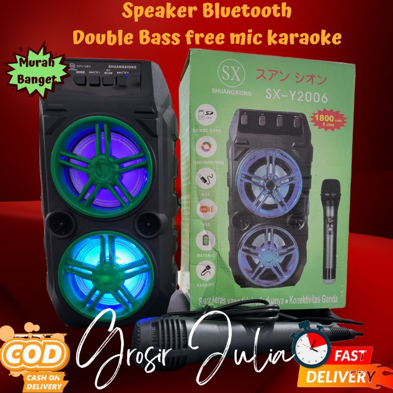 Speaker Bluetooth Led Portable Double Bass free Mic Karaoke