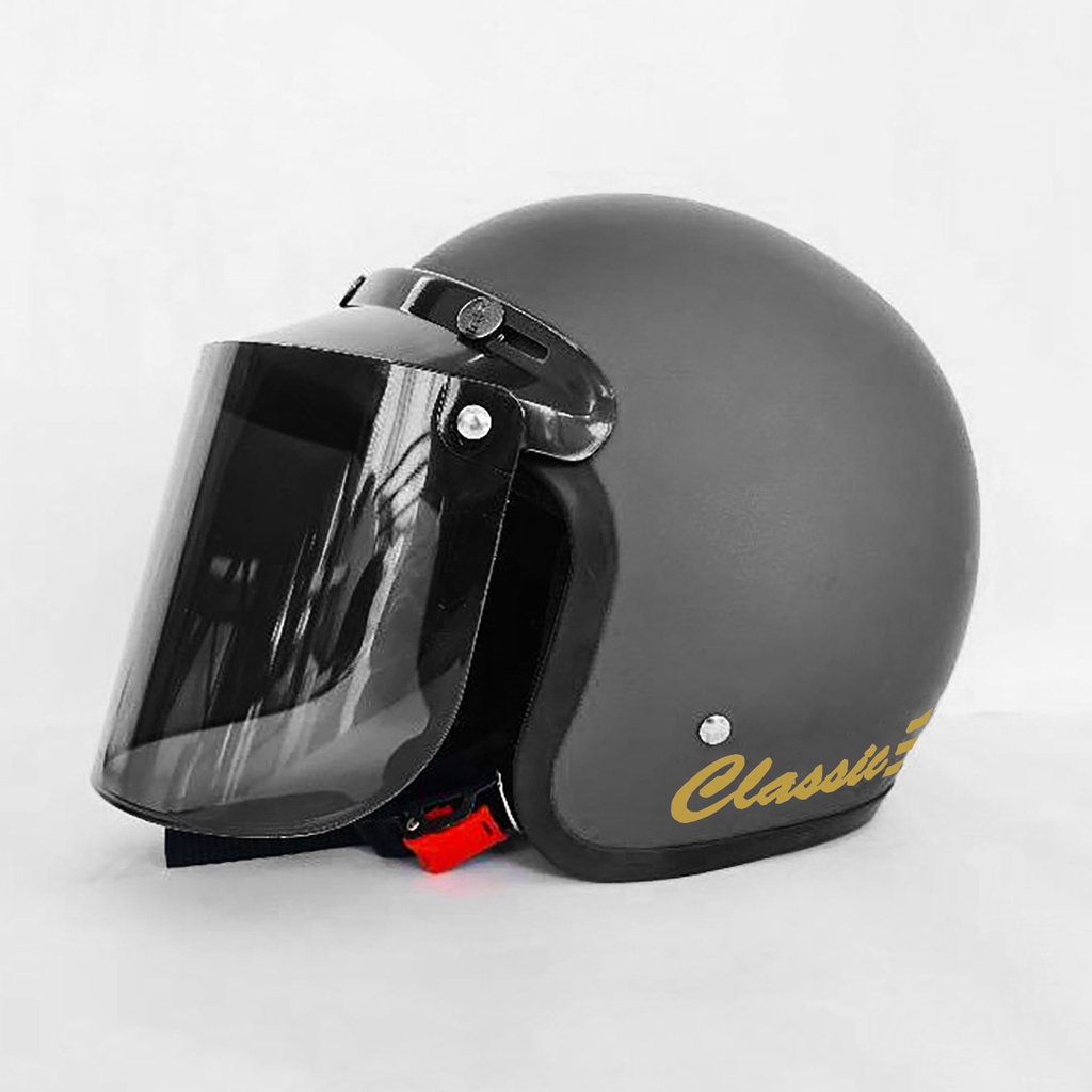 HELM BOGO DEWASA CLASIC GARIS DEWASA POLOS GARIS KACA FLAT DATAR DAN KACA CEMBUNG-abu abu doff