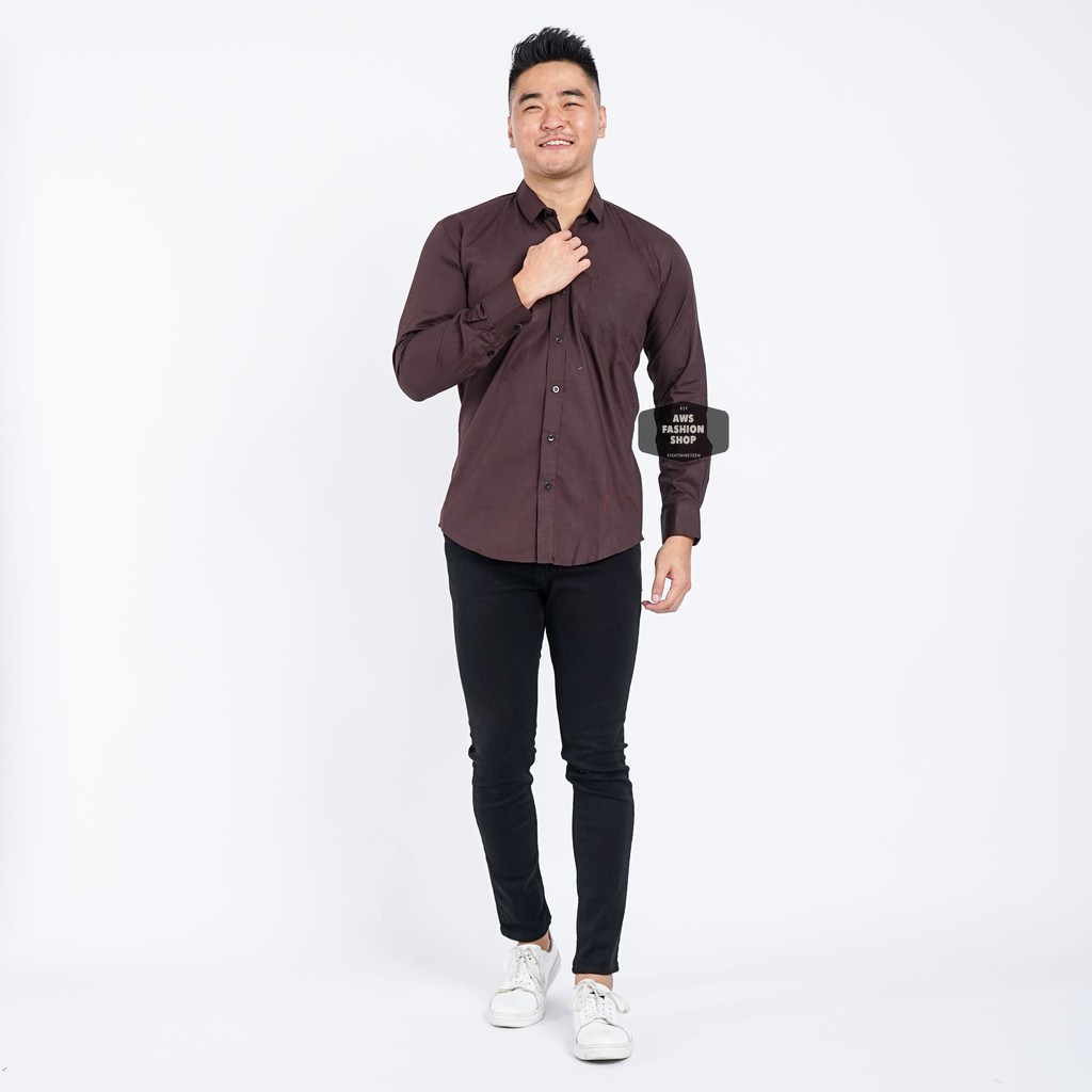 Kemeja Pria Lengan Panjang Polos Coklat Tua Dark Brown Kemeja Cowok Keren Casual Slimfit 3242