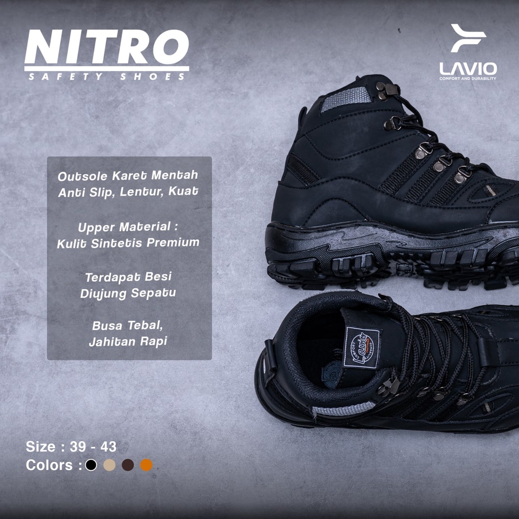 Sepatu Safety Boot Tinggi Pria Lavio Nitro High dengan Ujung Besi Sefty Cowok Bahan Karet Mentah Anti Slip Outdoor Kerja Lapangan Proyek