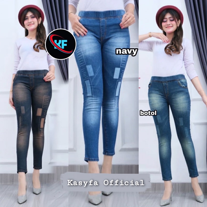 LESTY PANTS CELANA JEGGING JEANS LASER KOTAK FULL KARET - KF