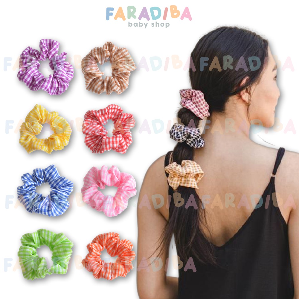 Scrunchie Kotak Mini Ikat Rambut Anak Dewasa Korea Iket Rambut Cepol Cemol Motif Kotak Aksesoris Ana