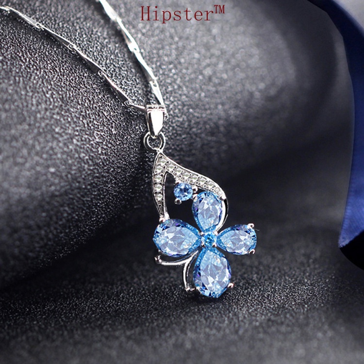 New Hot Selling Trend Natural Sapphire Four-Leaf Clover Pendant Flower Necklace