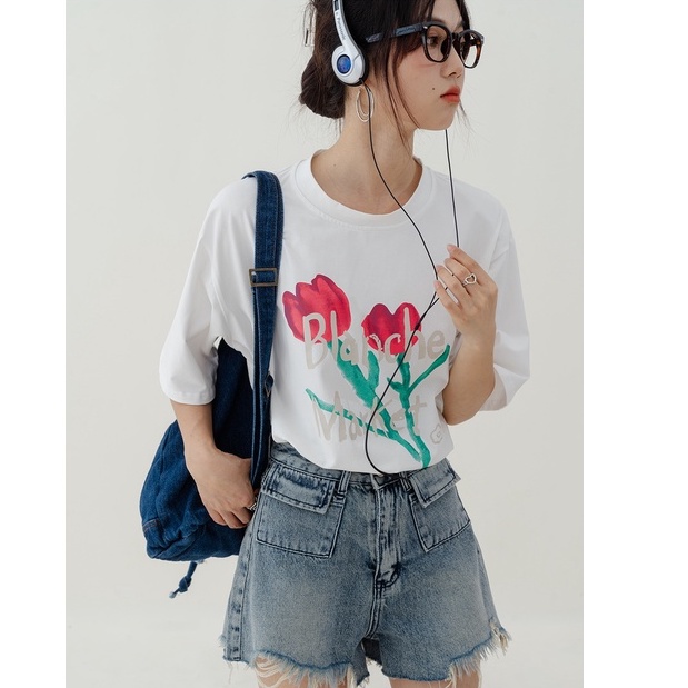 kaos atasan wanita/korean style import motif flower t shirt/kemeja wanita putih