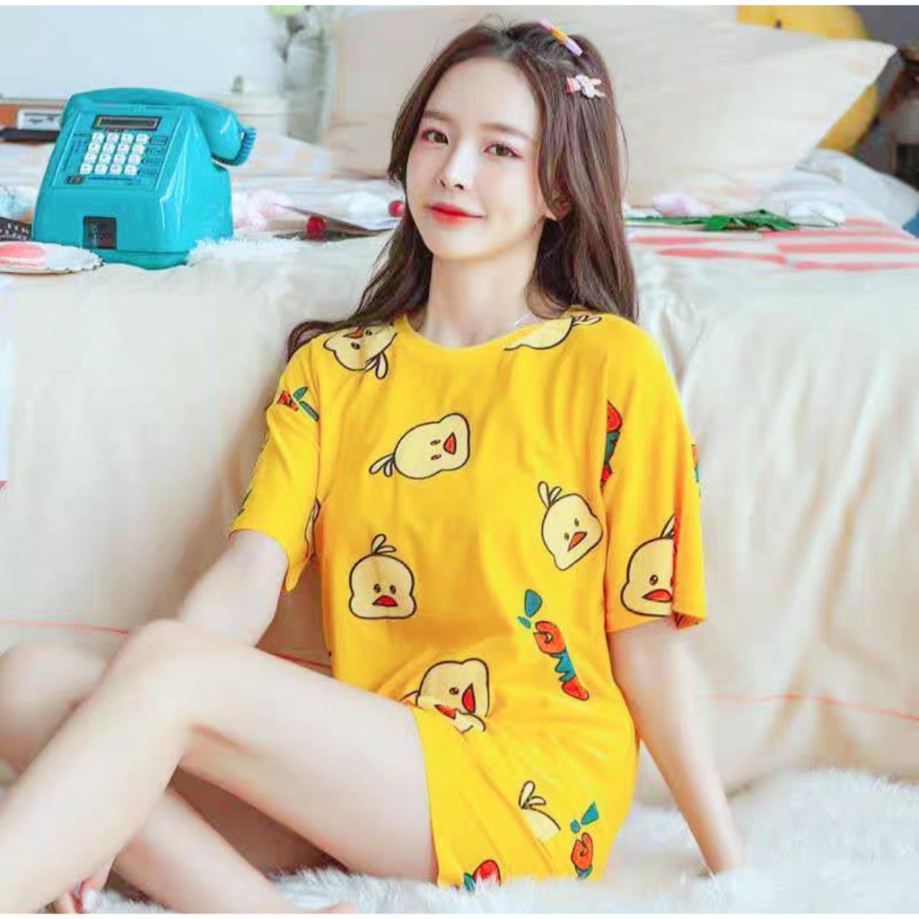 Baju Tidur Piyama Set/Piyama Wanita Import/Baju Piyama Pendek/Short Sleep Wear-K1-Kuning Bebek