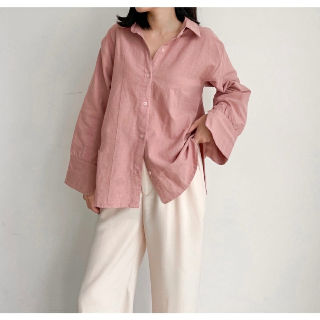 Tq88indonesia Fashion Kemeja Wanita Lengan Panjang / Liza Linen Shirt /  Kem Polos Cewek / Kemeja Putih / Ootd