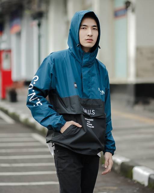 GENIOUS Jaket Cougle Biru Hitam Jaket Parasut Pria