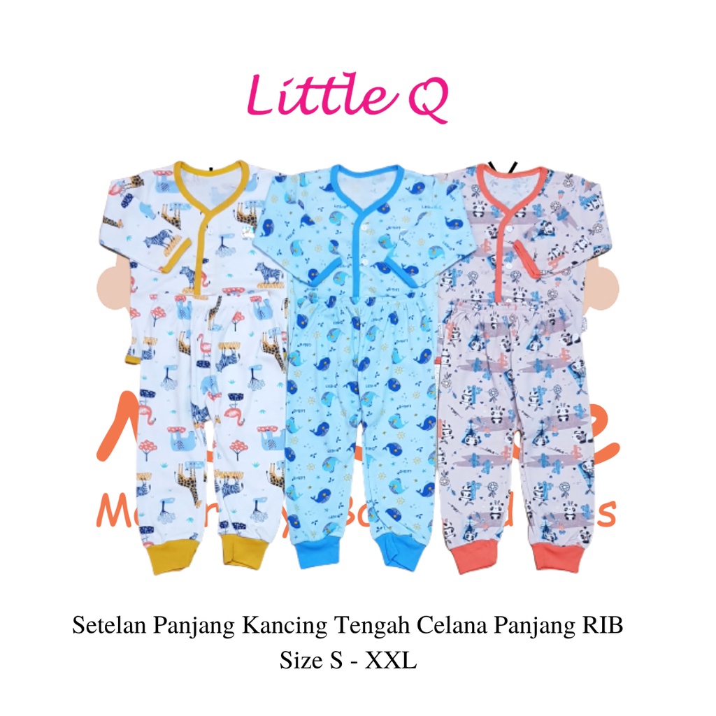 [Size SML] Little Q Setelan Motif Panjang Kancing Tengah Celana Panjang Rib Isi 3 Pcs