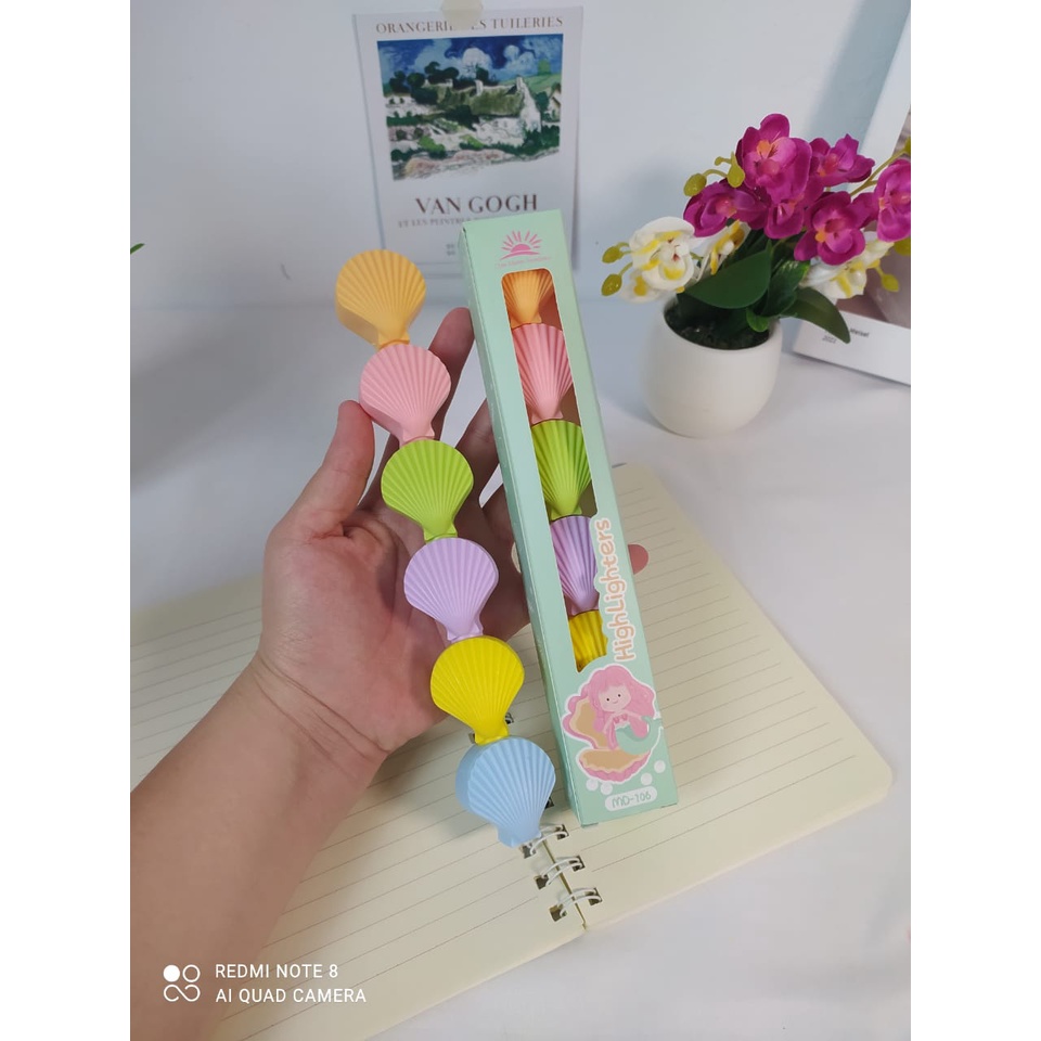 SET HIGHLIGHTER KERANG ISI 5 WARNA SPIDOL PASTEL SHELL MERMAID STABILO WARNA WARNI