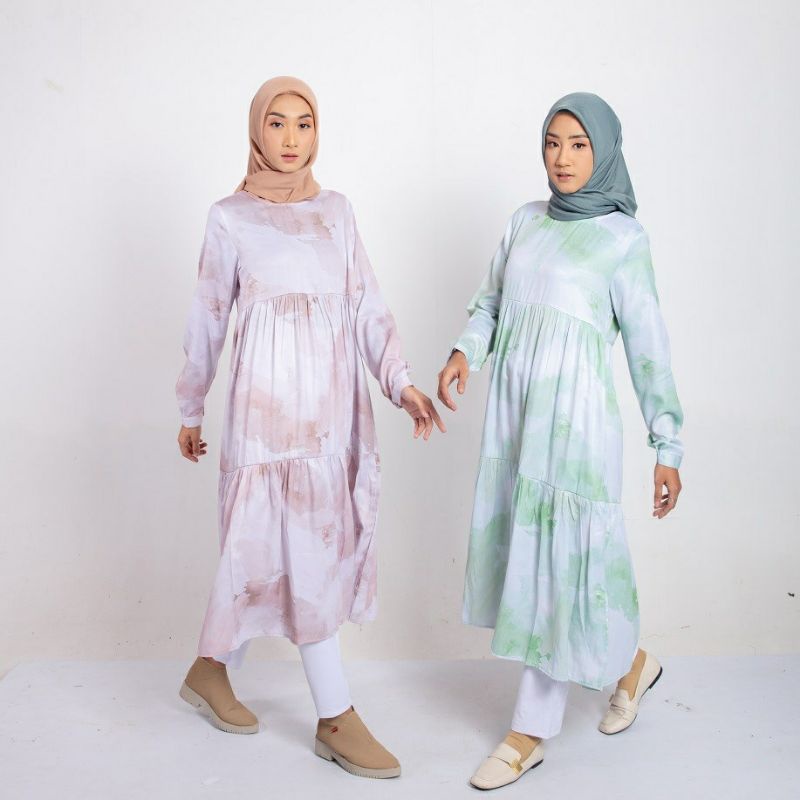 M DRESS WATERCOLOR BY DAUKY / MIDI DRESS RAYON CANTIK