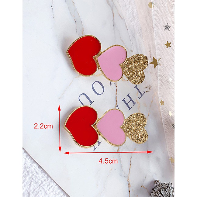 LRC Anting Tusuk Fashion Red Alloy Red Three Love Earrings F54109