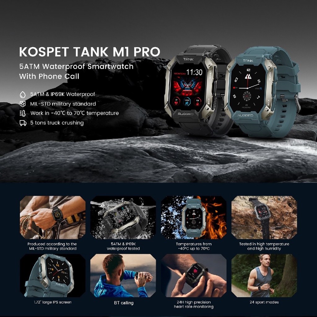 KOSPET TANK M1 PRO Rugged Smartwatch With Bluetooth Call Waterproof 5ATM IP69K