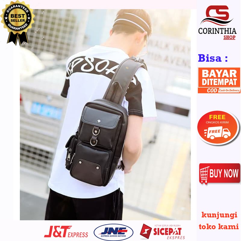 CS151 Tas Selempang Pria Model Korea Oppa Black Leather Shoulder Bag