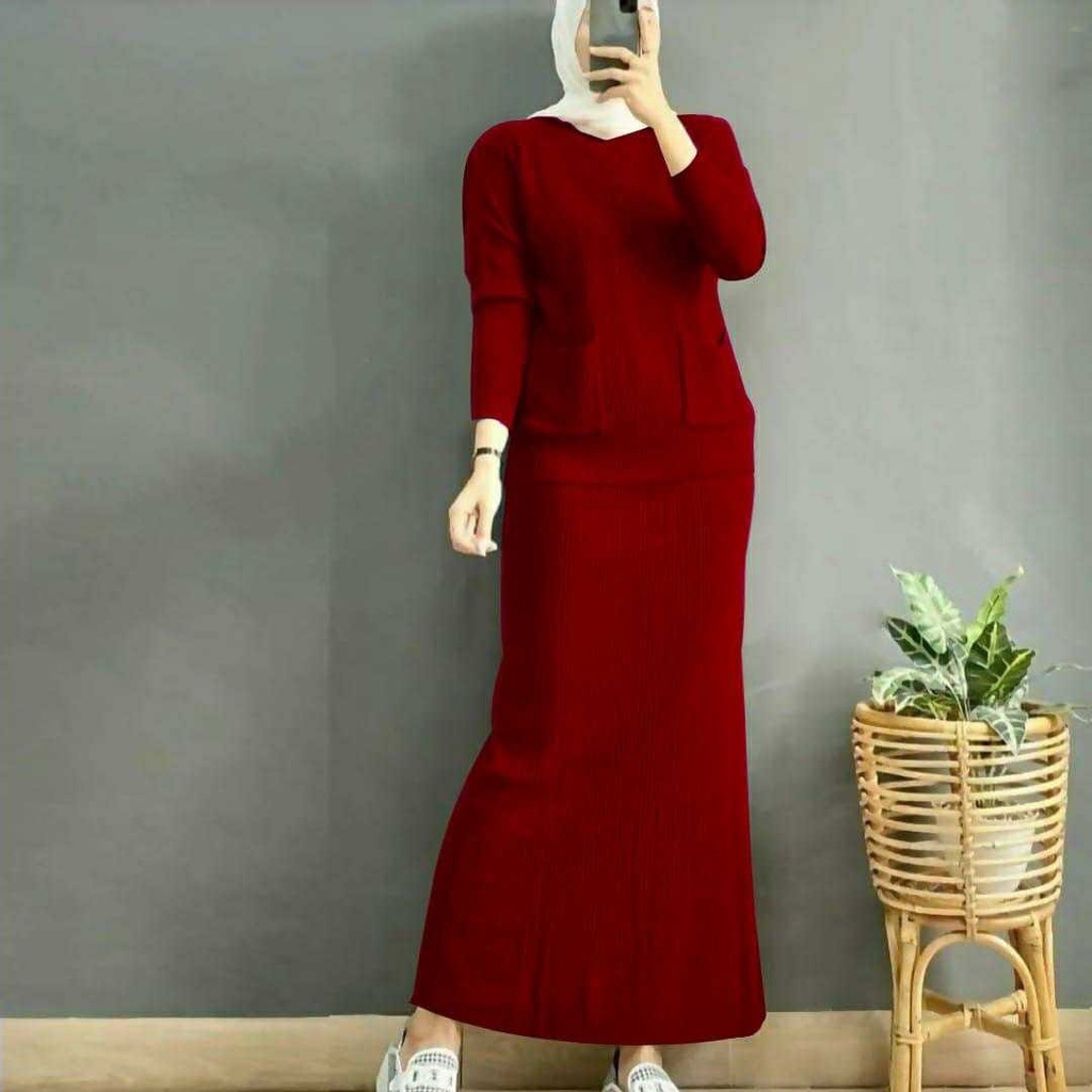SET DELIA KNIT JUMBO XXL ONE SET RAJUT WANITA SET ROK RAJUT 6 WARNA-maroon
