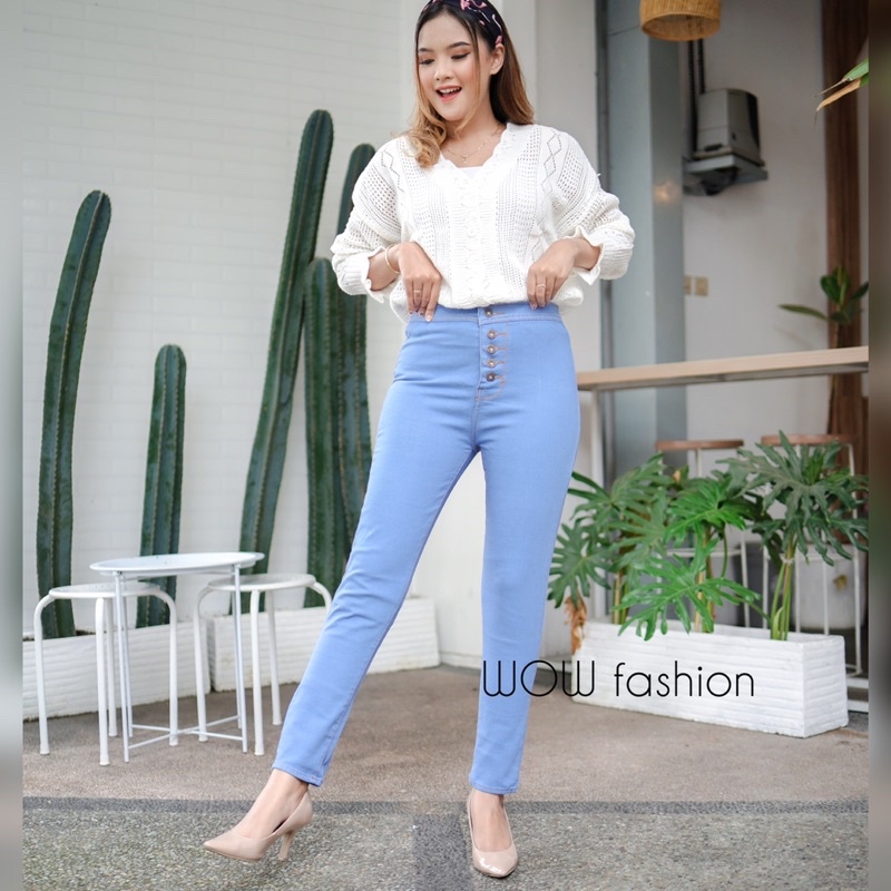 WOW-Celana Jeans Kancing 5 Aktif Streach HW// Celana Pencil Wanita//Celana Jeans Polos Streach HW//Celana Jeans Highwaist Wanita