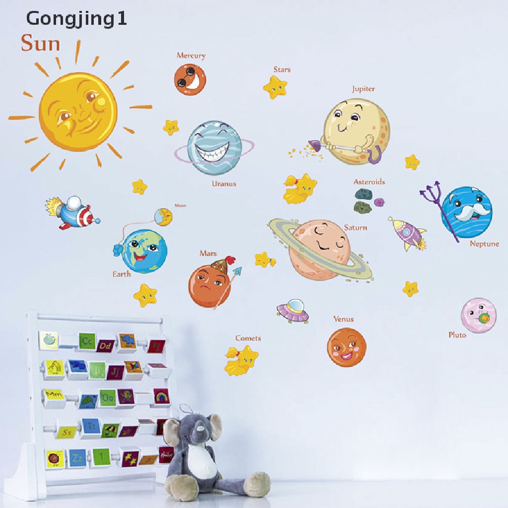 Gongjing1 Stiker Dinding Motif Planet Tata Surya Untuk Dekorasi Kamar Anak