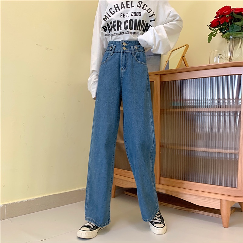 celana jens wanita highwaist loose Jeans double kancing korean style pants celana lebar kasual